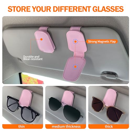 Sunglass Holder for Car, Visor Sunglasses Holder Clip Magnetic Leather - color: Pink
