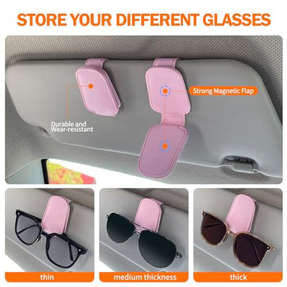 Sunglass Holder for Car, Visor Sunglasses Holder Clip Magnetic Leather - color: Pink