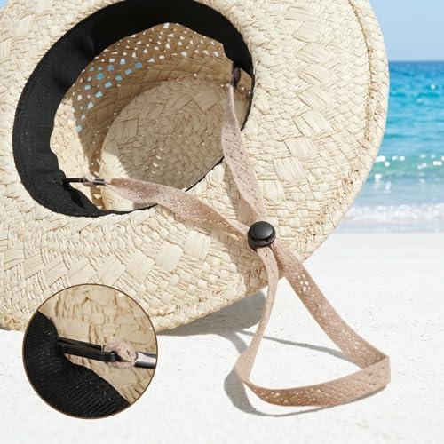 2PCS Adjustable Hat Strap Clips, Sun Hats Chin Strap Replacement, Windproof Adjustable Wide Lace Chin Cord for Sun Hats, Fisherman Hats, Boonie Hat, Wide Brim Fishing Hat Beige, Black
