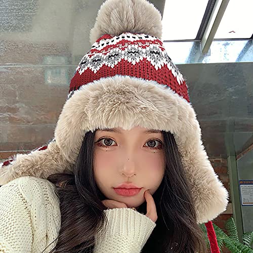 Women Winter Beanie Hat Thick Fleece Lined Warm Earflap Trapper Hat Pom Pom Jacquard Knited Outdoor Ski Snow Cap - color: Red