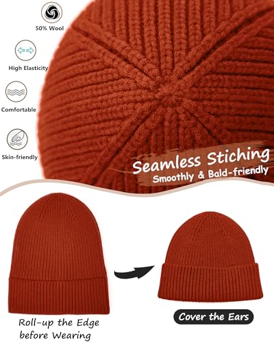 Wool Beanie for Men Women, Seamless Knit Cuffed Warm Winter Hats - color: 1pcs-orange