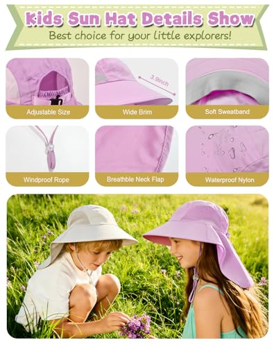 Rosoz Kids Sun Hat with Neck Flap UV Protection Summer Toddler Beach Hat Unisex Ponytail Hat Wide Brim Fishing Hat - color: 1pack-purple