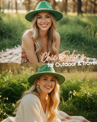 Men & Women Wide Brim Fedora Hat with Chain Buckle - color: Chain Belt-forest-green