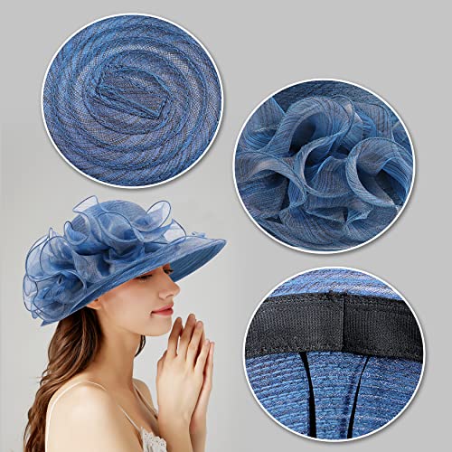 Bellady Big Brim Hat Organza Hats Summer Beach Cap Tea Party Wedding Fascinator Church Hats - color: Navy