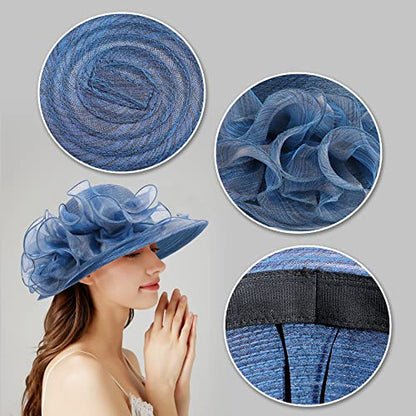 Bellady Big Brim Hat Organza Hats Summer Beach Cap Tea Party Wedding Fascinator Church Hats - color: Navy