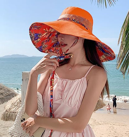 HUAMULAN Wide Brim Women Summer Sun Floppy Hat Reversible Beach Bucket Hat - color: M2446-jvse