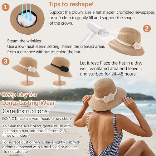 Ababalaya Elegant Straw Sun Hat with Handmade Crochet Flowers - color: Beige
