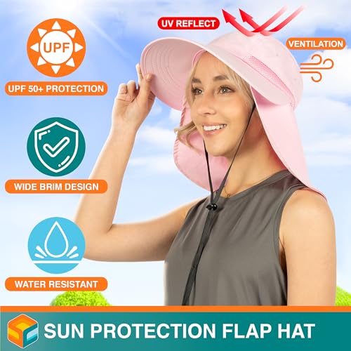 SUN CUBE Womens Sun Hat UPF 50+ with Ponytail Hole & Neck Flap - color: Pink