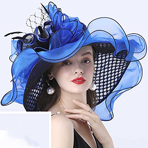 Women Party Church Derby Top Hats Organza Sun Visor Cap Ladies Flowers Fascinators Big Wide Brim Fedoras - color: Blue 2