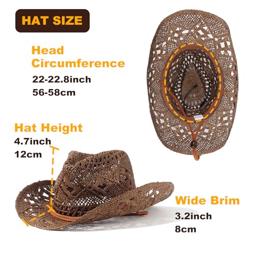 AQOKKA Straw Cowboy Hats for Women Men Western Cowgirl Hats with Shapeable Brim Woven Hollow Out Unisex Beach Roll Up Caps - color: Coffee a