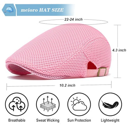 meioro Mens Breathable Mesh Summer Hat Adjustable Flat Cap Newsboy Beret Ivy Cap Irish Cabbie Fishing Hats - color: Pink
