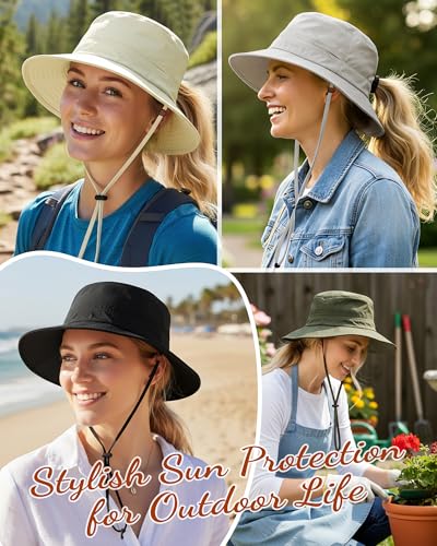 Womens Sun Hat Ponytail Packable UPF 50+ Waterproof Bucket Hat with Ponytail Hole for Beach Hiking Travel - color: Begie