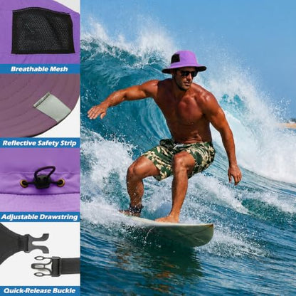 Surblue Surf Bucket Hat with Widened Chin Straps UPF 50+ Windproof Sun Hat Adjustable Packable Cap for Water Sports Surfing - color: Purple