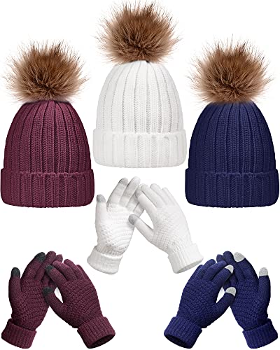 Haysandy 6 Pcs Winter Beanie Hat Gloves Set for Women Warm Knitted Hat Skull Cap with Pom Pom and Touchscreen Glove for Women - color: White, Wine Red, Navy Blue