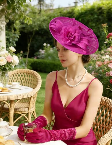 Unpifolov Fascinators Hats Elegant Women Flower Mesh Feathers Wedding Cocktail Bride Headband for Derby Hat Tea Party - color: Rose Red