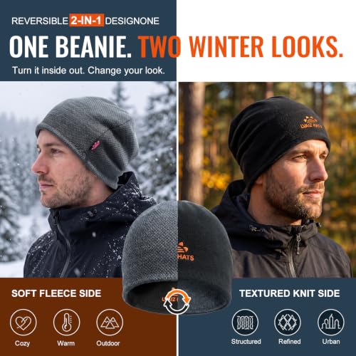 2 Pack Fleece Lined Beanie Hat Reversible Knit Skull Cap for Men Women - color: Black+mix Black