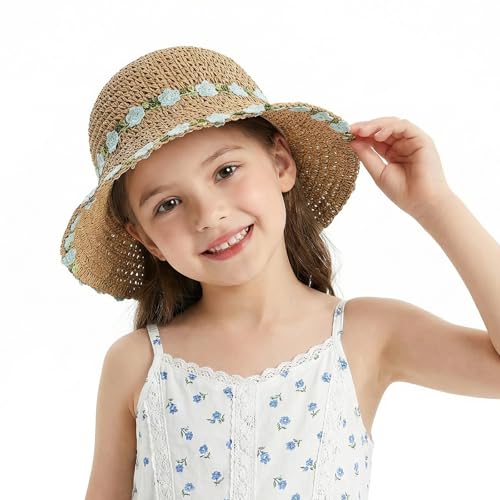 Womens Little Girls Summer Crochet Straw Bucket Hat Colorful Floppy Sun Shade Boonie Cap Wide Brim Beach Vacation Sun Hat - color: Beige, Blue Flowers, size: 2-5T