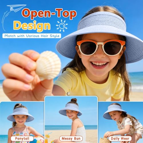 ZOORON Girls Straw Sun Visor Hat, Wide Brim Ponytail Beach Hat with Bow - color: Sky Blue