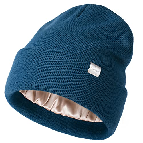 YANIBEST Satin Lined Beanie for Women, Reduce Frizz Winter Hats - color: Blue