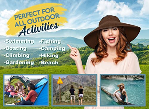 Straw Sun Visor for Women, Wide Brim UPF 50+ Protection Beach Hat, Adjustable, Roll Up Foldable Ponytail Cap with Chin Strap - color: Carmal