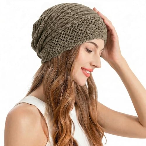 ZLYC Crochet Slouchy Beanie for Women Soft Lightweight Skull Cap - color: Plain Khaki