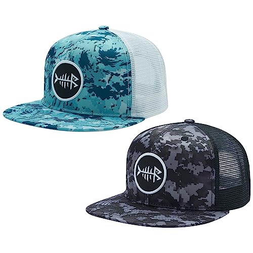BASSDASH 2 Pack Flat Brim Trucker Cap Adjustable Snapback Hat Mesh Back for Men Women Fishing Hunting - color: Pack of 2,ocean Digital Camo & Night Digital Camo