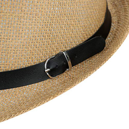 Straw Fedora Hat for Men Women Short Brim Trilby Hat Packable Roll Up Panama Jazz Cap Summer Beach Sun Cap - color: Dark Brown