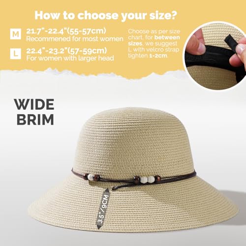 Womens Straw Beach Sun Hat, UV Protection UPF 50+, Lightweight Straw Bucket Hat, Summer Travel - color: Beige, size: Medium