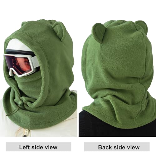 Fleece Balaclava Over Helmet - Warm Helmet Ninja Hood - Snowboard Hooded Hat Neck Gaiter Ski Mask - color: Pinegreen-earsup, size: One Size