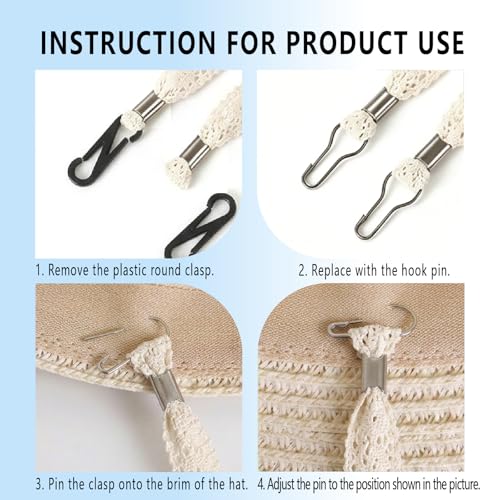 2PCS Adjustable Hat Strap Clips, Sun Hats Chin Strap Replacement, Windproof Adjustable Wide Lace Chin Cord for Sun Hats, Fisherman Hats, Boonie Hat, Wide Brim Fishing Hat Beige, Black