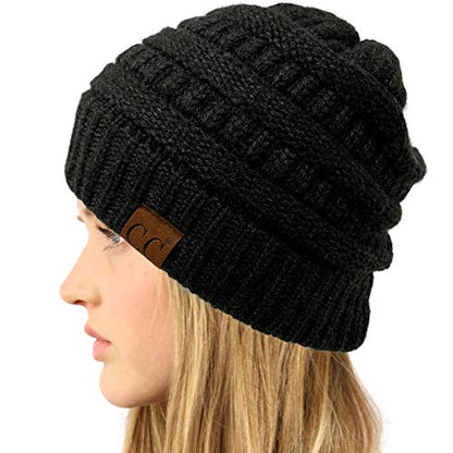 CC Classic Winter Fall Trendy Chunky Stretchy Cable Knit Beanie Hat - color: Snuggly Soft Black/Gray Mix