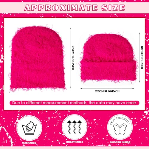 Chuarry Distressed Knitted Beanie Fuzzy Winter Hat - color: Rose Red