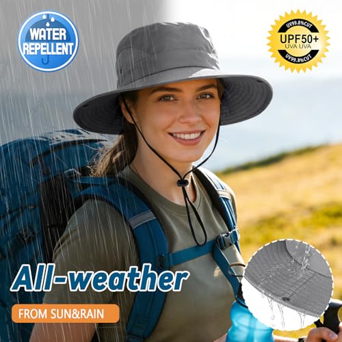 ZOORON Sun Hats for Men Women, Wide Brim Safari Hats UV Protection UPF50+ Waterproof Boonie Hats for Fishing Hiking Camping - color: 1pack-gray