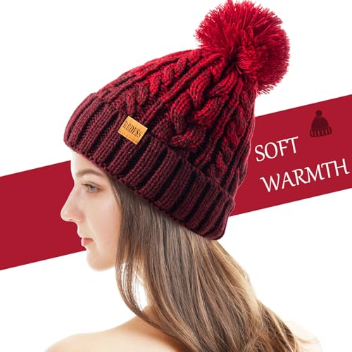 REDESS Women Winter Pompom Beanie Hat with Warm Fleece Lined Thick Slouchy Snow Knit Hat Skull Ski Cap - color: Tone Red
