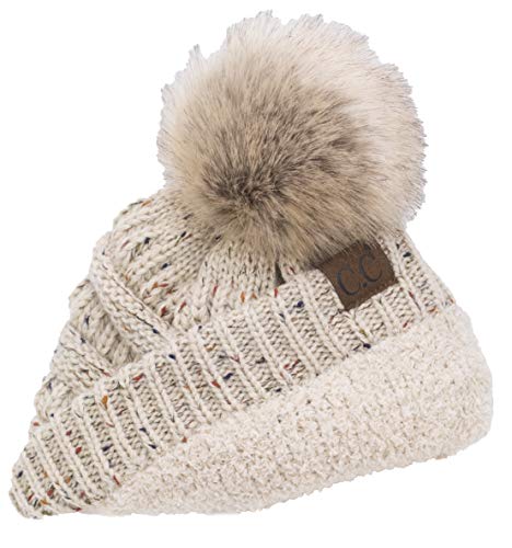 C.C Trendy Fuzzy Fleece Lined Warm Comfortable Soft Stretch Cable Knit Ribbed Faux Fur Pom Pom Beanie Hat - color: Flecked Confetti Oatmeal