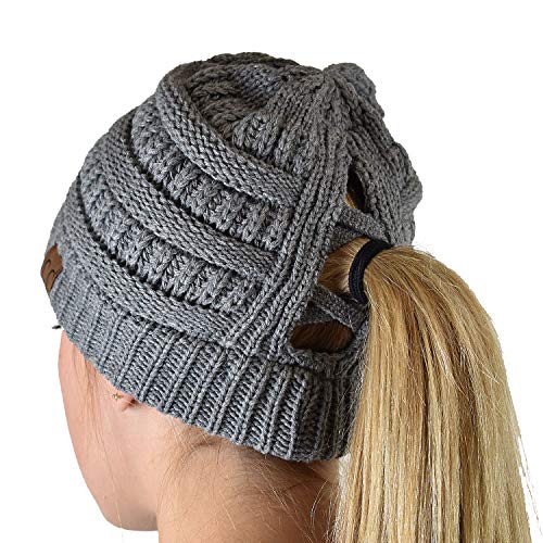 C.C Exclusives Soft Stretch Cable Knit Messy Bun Ponytail Beanie Winter Hat for Women (MB-20A) - color: Criss Cross Light Melange Gray