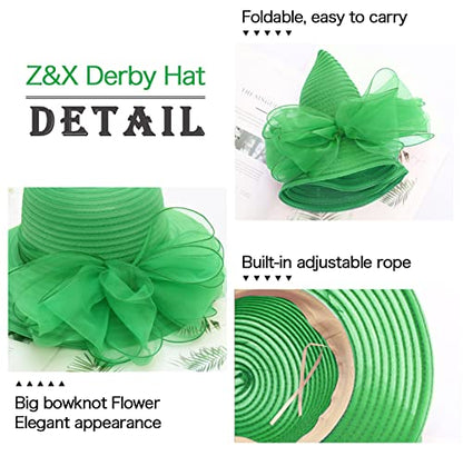 Z&X Organza Church Fascinator Wedding Tea Party Derby Hats for Women Flower Wide Brim Sun Hats - color: 06c Green