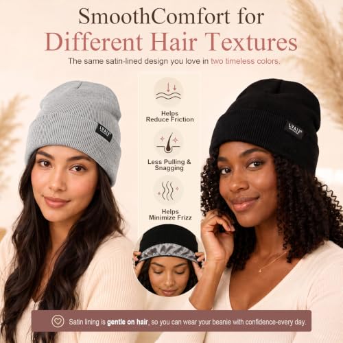 2 Pack Satin Lined Beanies for Men and Women Warm Cuffed Winter Hats - color: Black+light Grey