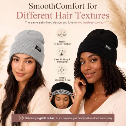 2 Pack Satin Lined Beanies for Men and Women Warm Cuffed Winter Hats - color: Black+light Grey
