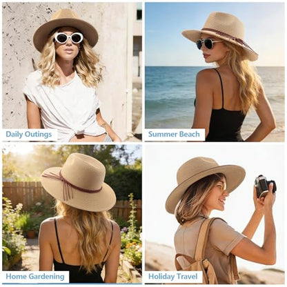 DRESHOW Women Straw Panama Hat Travel Fedora Beach Sun Hat Summer Wide Brim Straw Roll up Hat UPF 50+ - color: Khaki/Braided Rope a