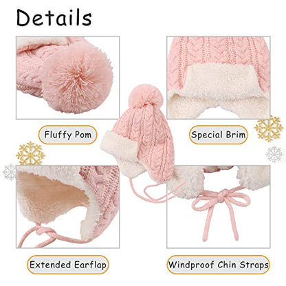 Peecabe Winter Kids Beanie Hat Baby Knitted Hats Fleece Earflap Toddler Cap - color: Pink, size: 2-5T