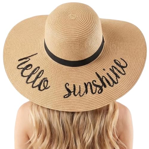 DRESHOW Big Straw Sun Hats for Women Floppy Foldable Roll up Beach Cap Sun Hat UPF 50+ Vacation Honeymoon Embroidered Hat - color: Ae Hello Sunshine: Khaki
