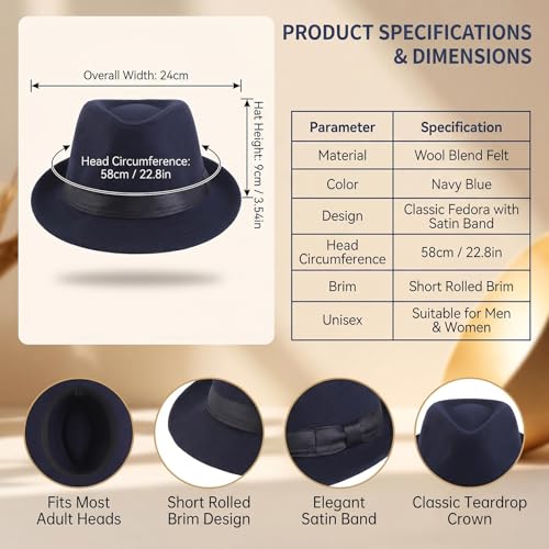 Unisex Trilby Fedora Hat Short Brim Panama Hat with Band Vintage Style Felt Derby Jazz Cap for Head Circumference 22.8inch - color: Dark Blue