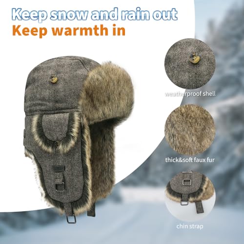 Fur Winter Trapper Hat,Wool Faux Fur Aviator Ski Trapper Trooper Pilot Snow Eskimo Hat with Ear Flaps for Men & Women - color: Brown, size: Small-Medium