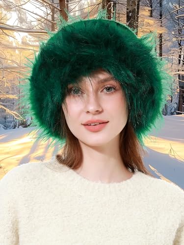 sy soul young Women's Leopard Faux Fur Hats Fluffy Bucket Hat Russian Style - color: Leopard Green