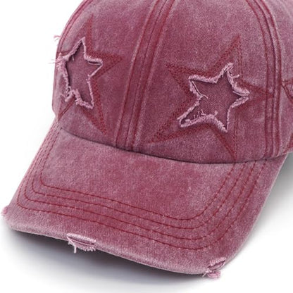 Retro Washed Distressed Baseball Cap with Five Pointed Stars for Women Men - color: Wine Red