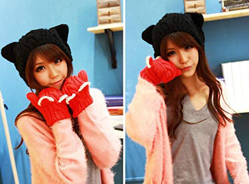 Women Winter Wool Baggy Beret Beanie Cute Devil Cat Ear Crochet Braided Knit Hat Ski Cap - color: Khaki