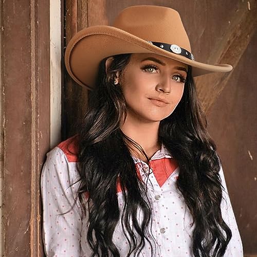DRESHOW Women Men Classic Felt Wide Brim Western Cowboy & Cowgirl Cap Belt Buckle Retro Panama Hat Unisex Rolled up Caps - color: 1 Pack Style 1: Khaki (Hat Circumference: 22-22.8")