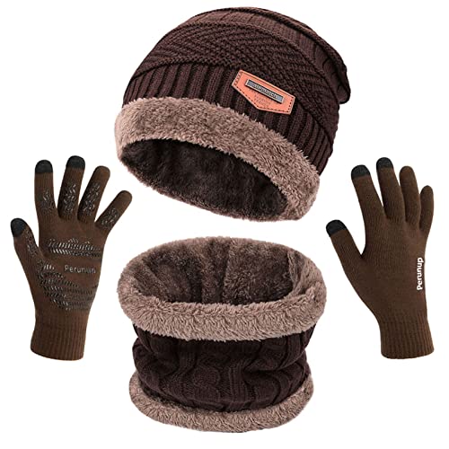 MAYLISACC Winter Knit Beanie Hat Neck Warmer Scarf and Touch Screen Gloves Set 3 Pcs Fleece Lined Skull Cap for Men Women - color: Brown--3 Pcs--(hat+scarf+gloves)