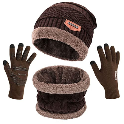 MAYLISACC Winter Knit Beanie Hat Neck Warmer Scarf and Touch Screen Gloves Set 3 Pcs Fleece Lined Skull Cap for Men Women - color: Brown--3 Pcs--(hat+scarf+gloves)